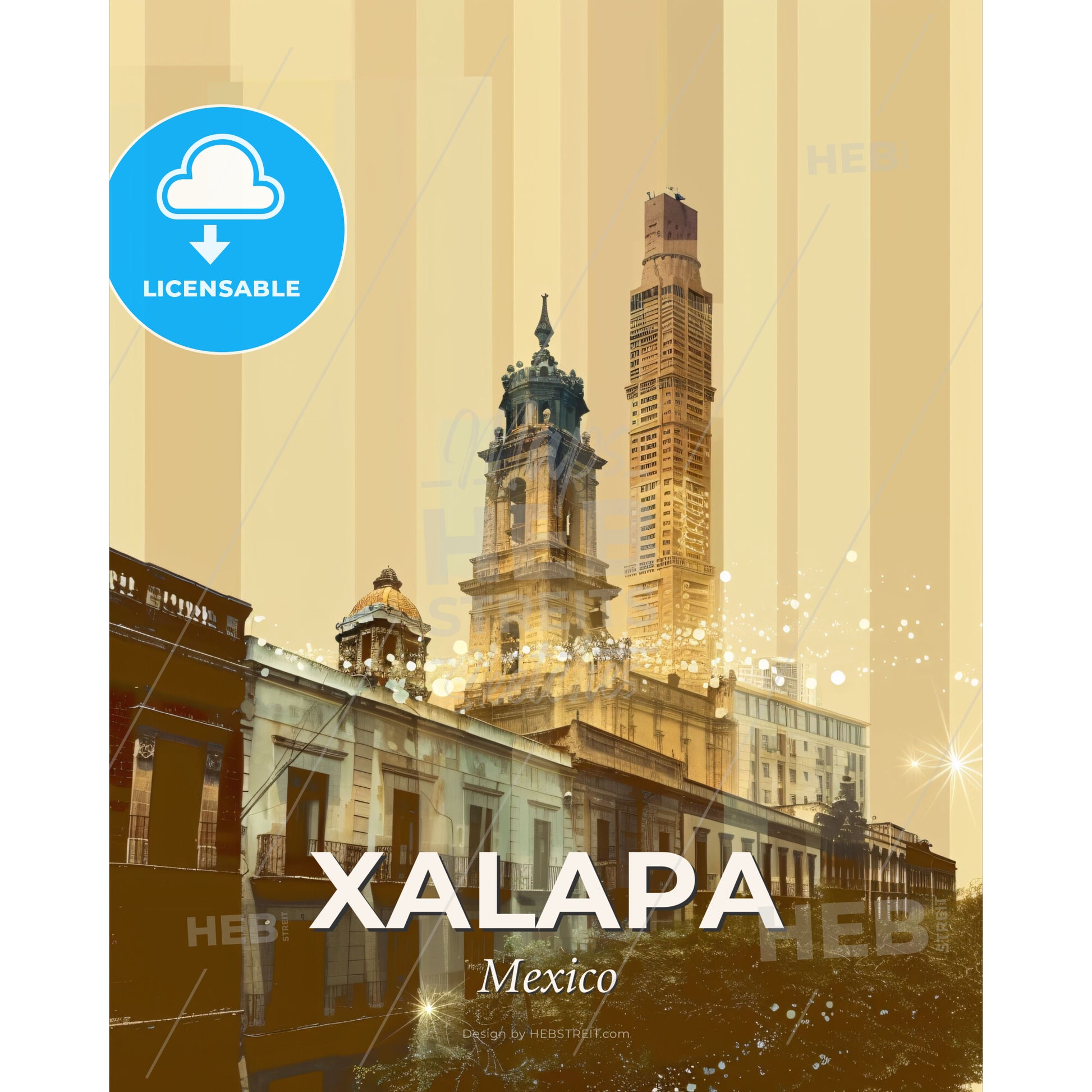 Xalapa: Panoramic Double Exposure Skyline Art - A tall building with a tower - Square format print template