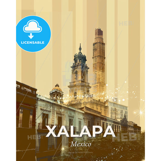 Xalapa: Panoramic Double Exposure Skyline Art - A tall building with a tower - Square format print template