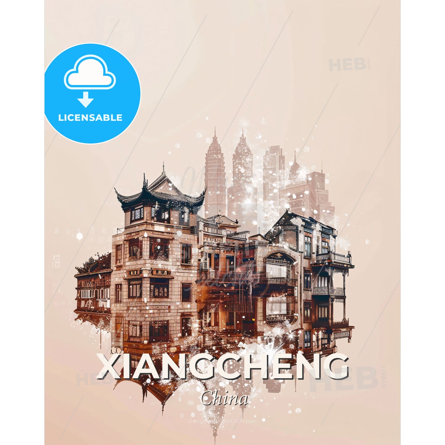 Xiangcheng Cityscape Art: Intricate Double Exposure Delight - A building with many windows and a city in the background - Square format print template