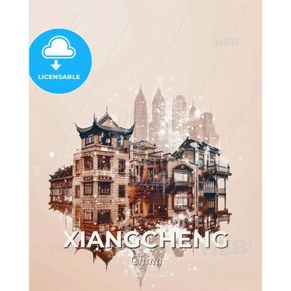 Xiangcheng Cityscape Art: Intricate Double Exposure Delight - A building with many windows and a city in the background - Square format print template