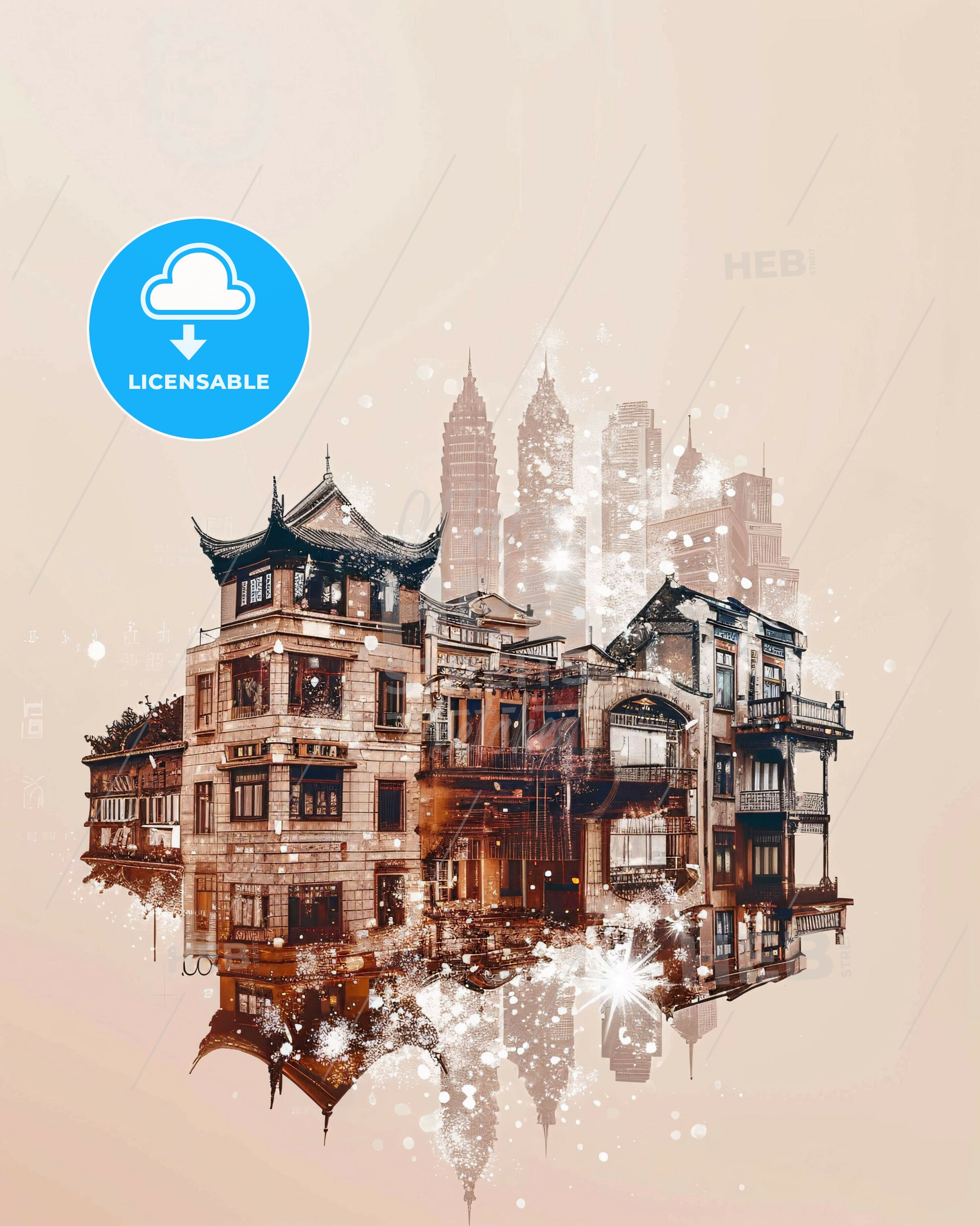 Xiangcheng Cityscape Art: Intricate Double Exposure Delight - A building with many windows and a city in the background