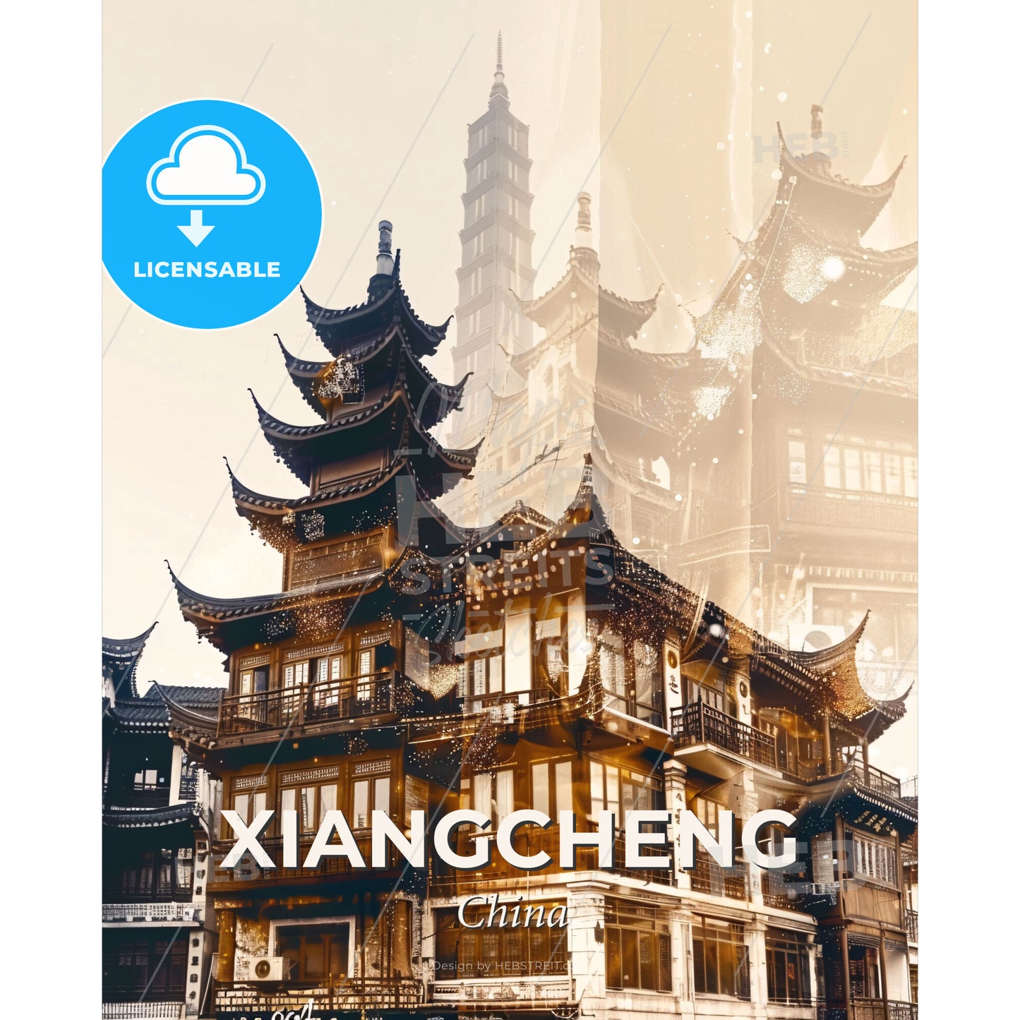 Xiangcheng Skyline Double Exposure Cityscape Art - A building with a tower - Square format print template