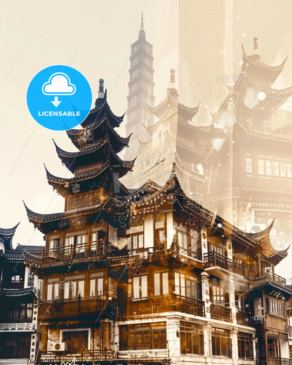 Xiangcheng Skyline Double Exposure Cityscape Art - A building with a tower