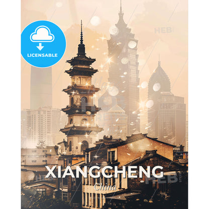 Xiangcheng Skyline Composite Art Double Exposure - A tall tower in a city - Square format print template