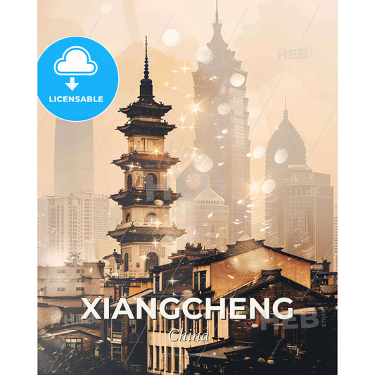 Xiangcheng Skyline Composite Art Double Exposure - A tall tower in a city - Square format print template