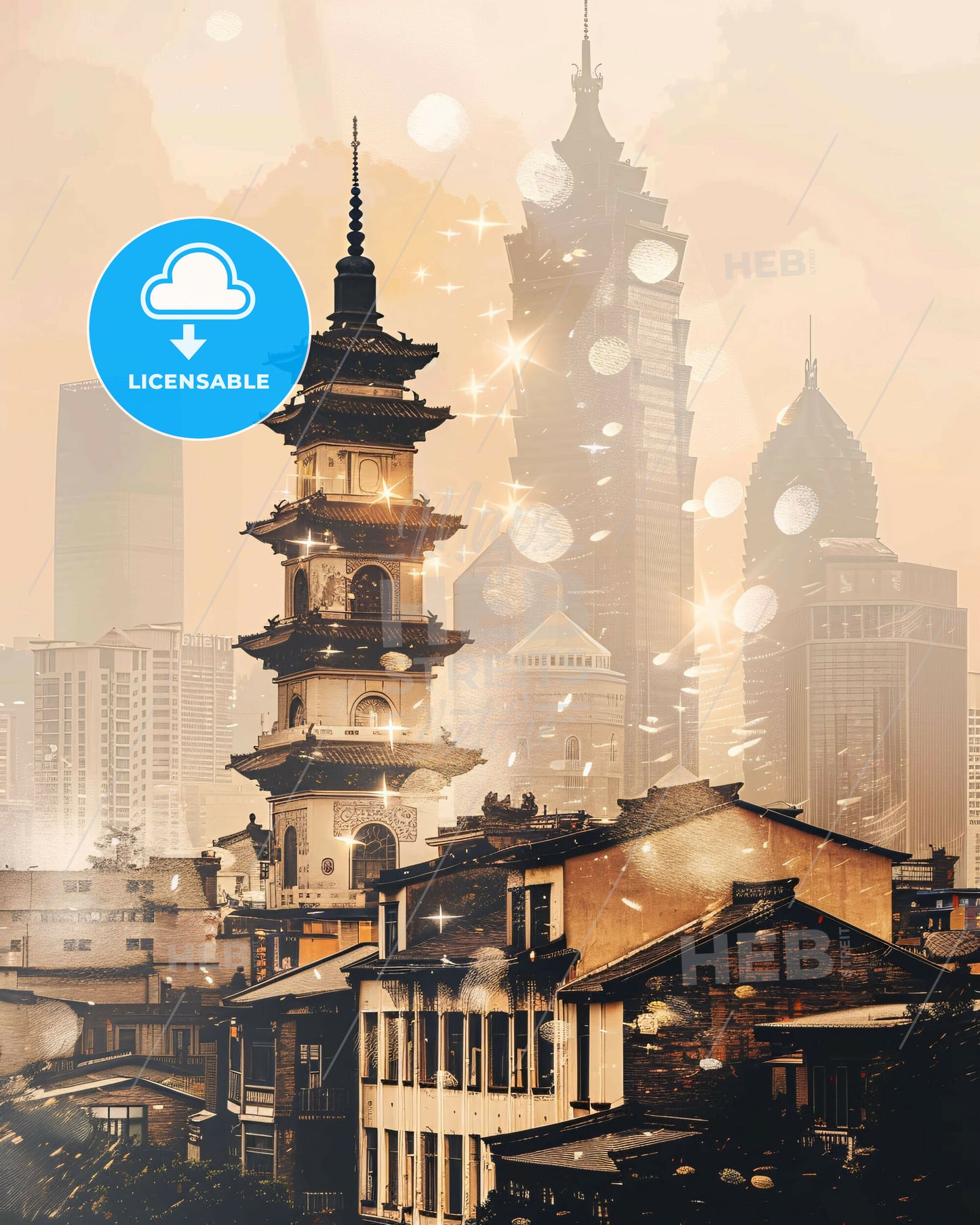 Xiangcheng Skyline Composite Art Double Exposure - A tall tower in a city