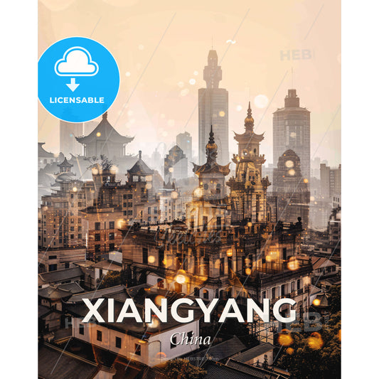 Xiangyang City Skyline Double Exposure Poster Art - A city with many buildings - Square format print template