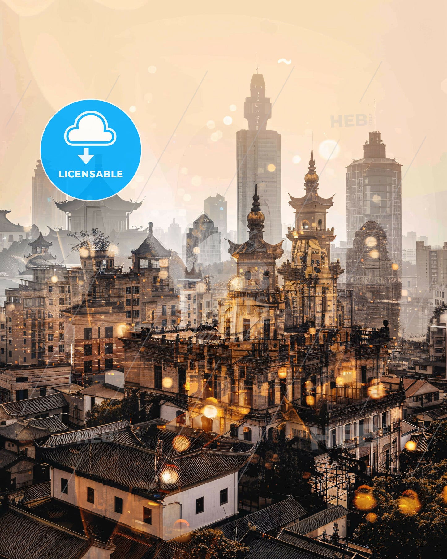 Xiangyang City Skyline Double Exposure Poster Art - A city with many buildings