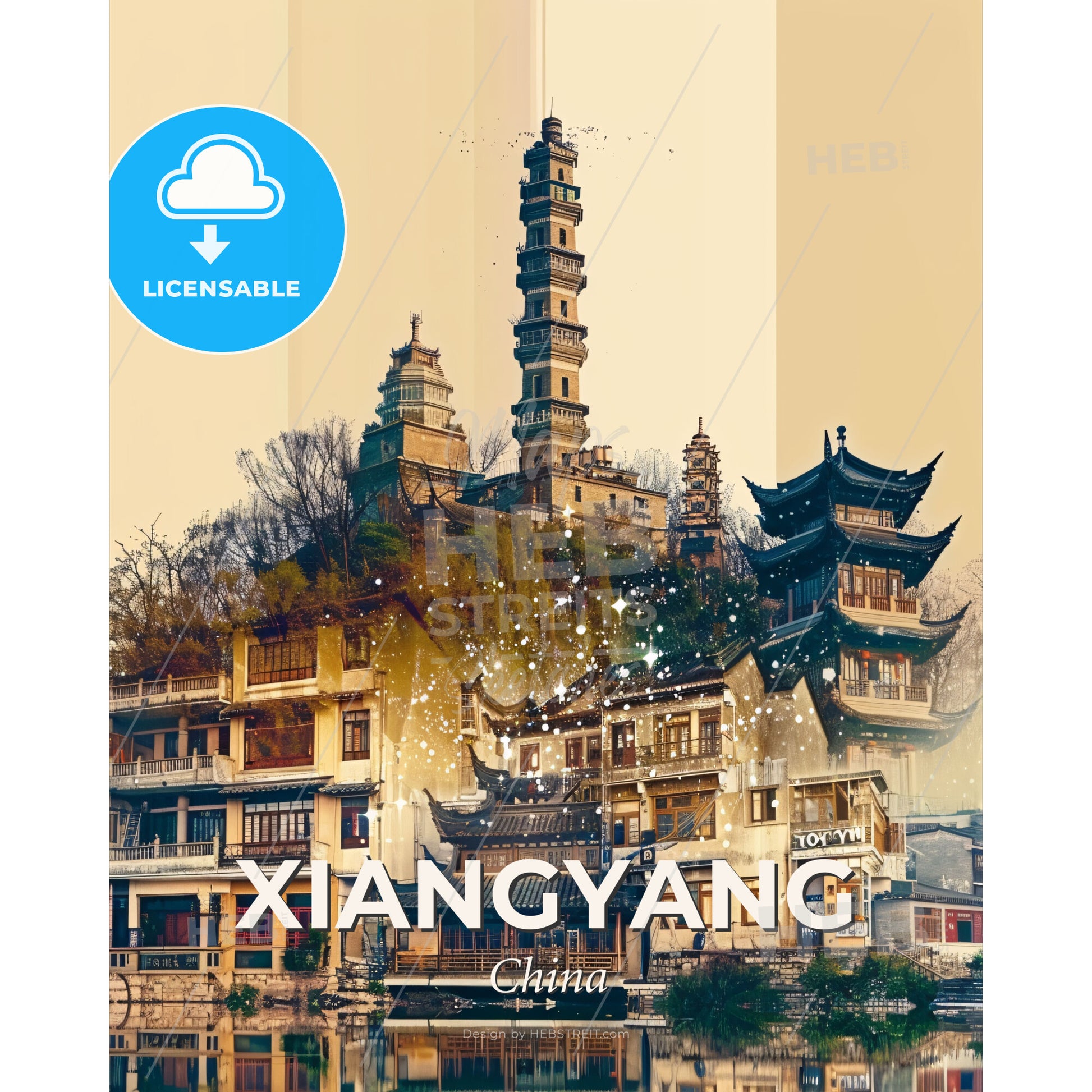 Xiangyang City Skyline Double Exposure Art Poster - A building with a tower on top - Square format print template