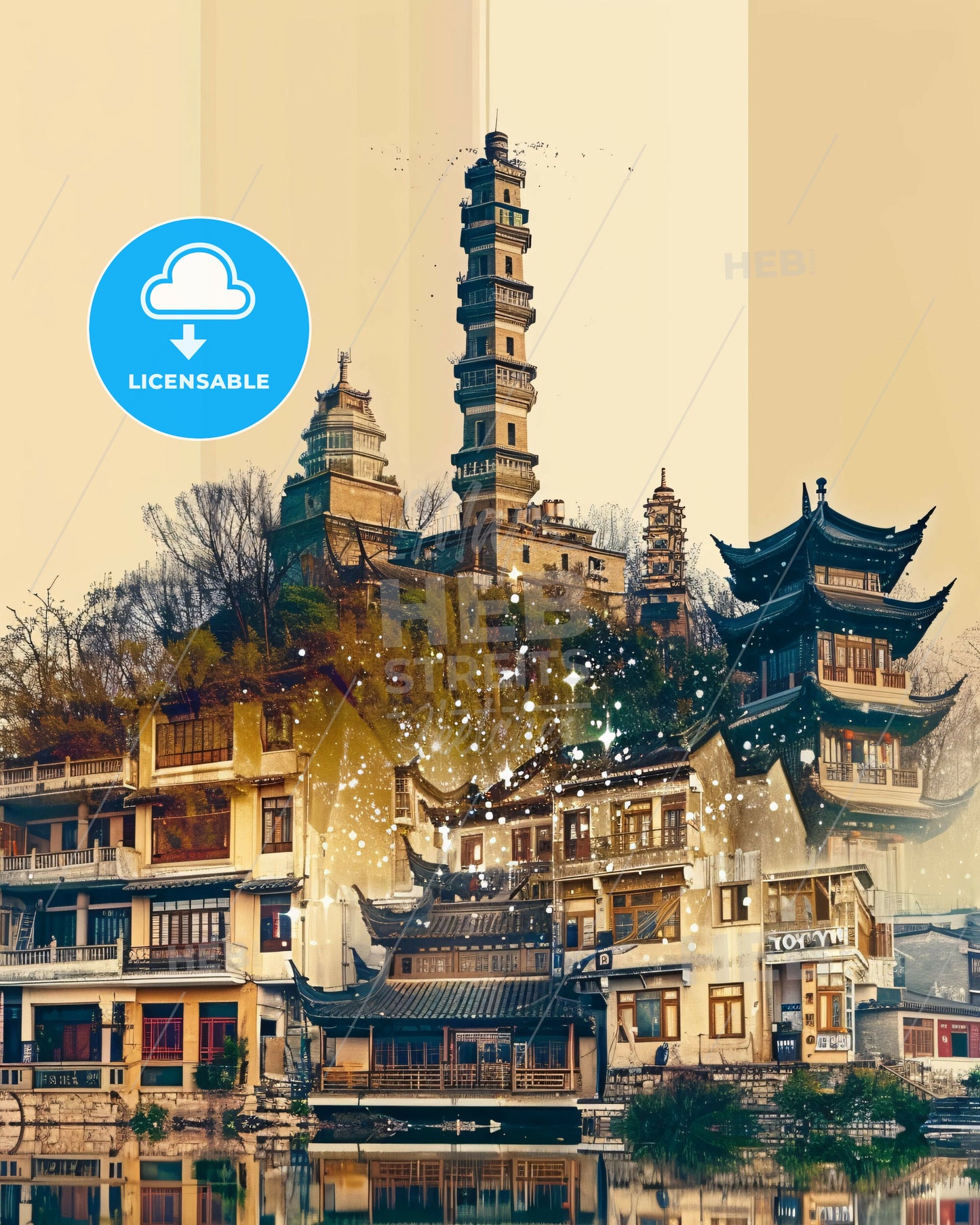 Xiangyang City Skyline Double Exposure Art Poster - A building with a tower on top