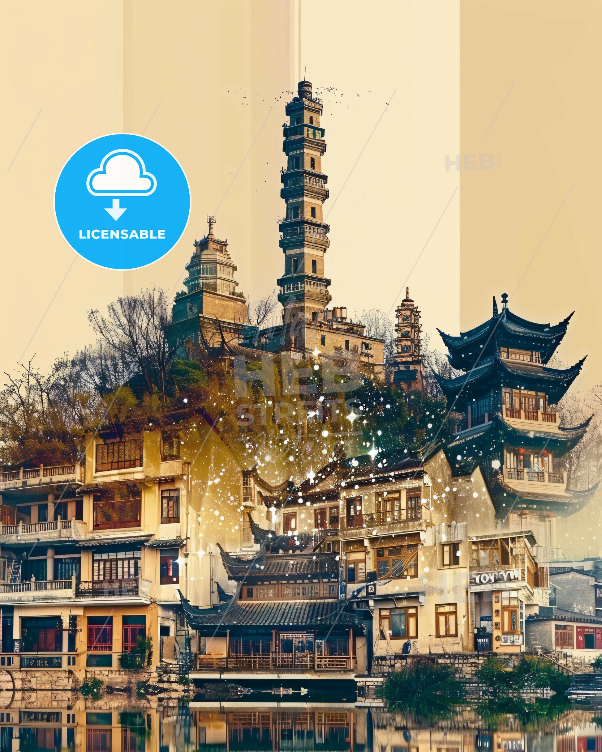 Xiangyang City Skyline Double Exposure Art Poster - A building with a tower on top