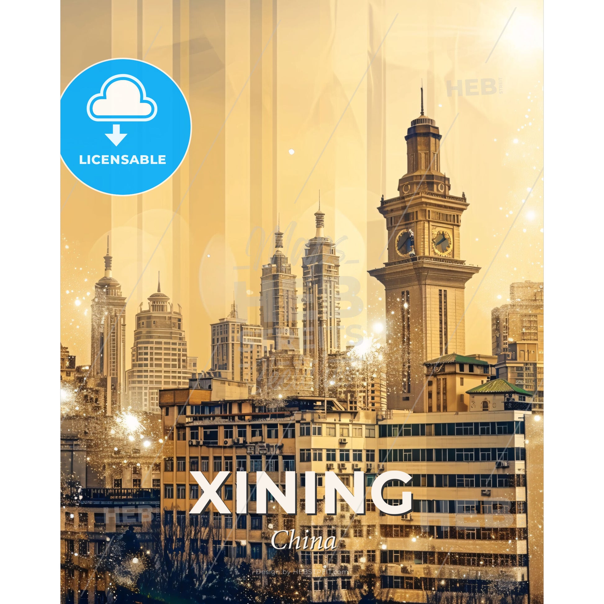 Xining Skyline Composite Art, Bright Sparks - A city with a clock tower - Square format print template