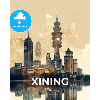 Xining City Splendor: Dual Exposure Skylines Art - A city skyline with many tall buildings and a body of water - Square format print template