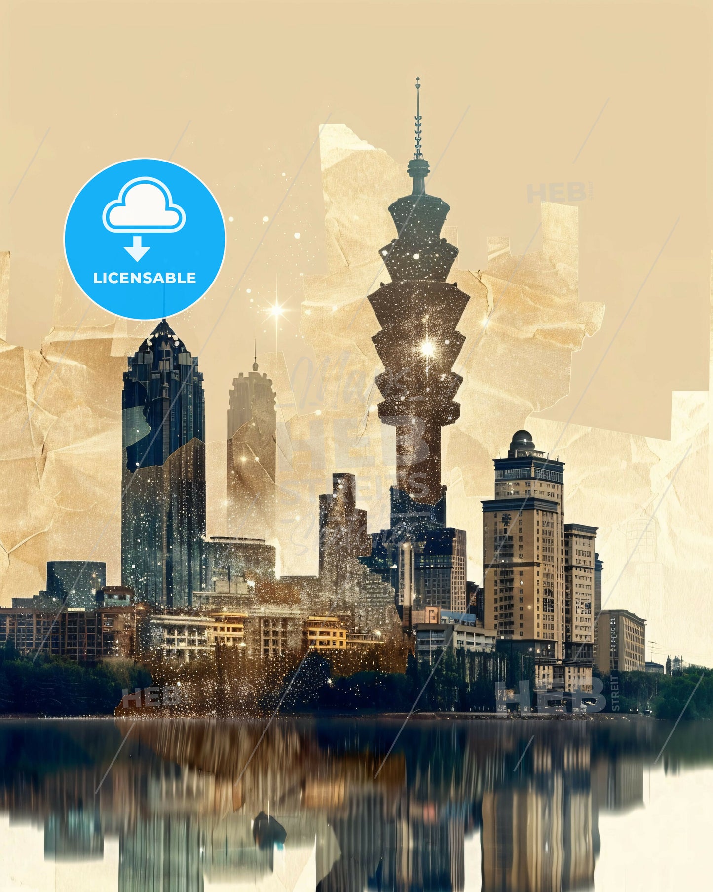 Xining City Splendor: Dual Exposure Skylines Art - A city skyline with many tall buildings and a body of water