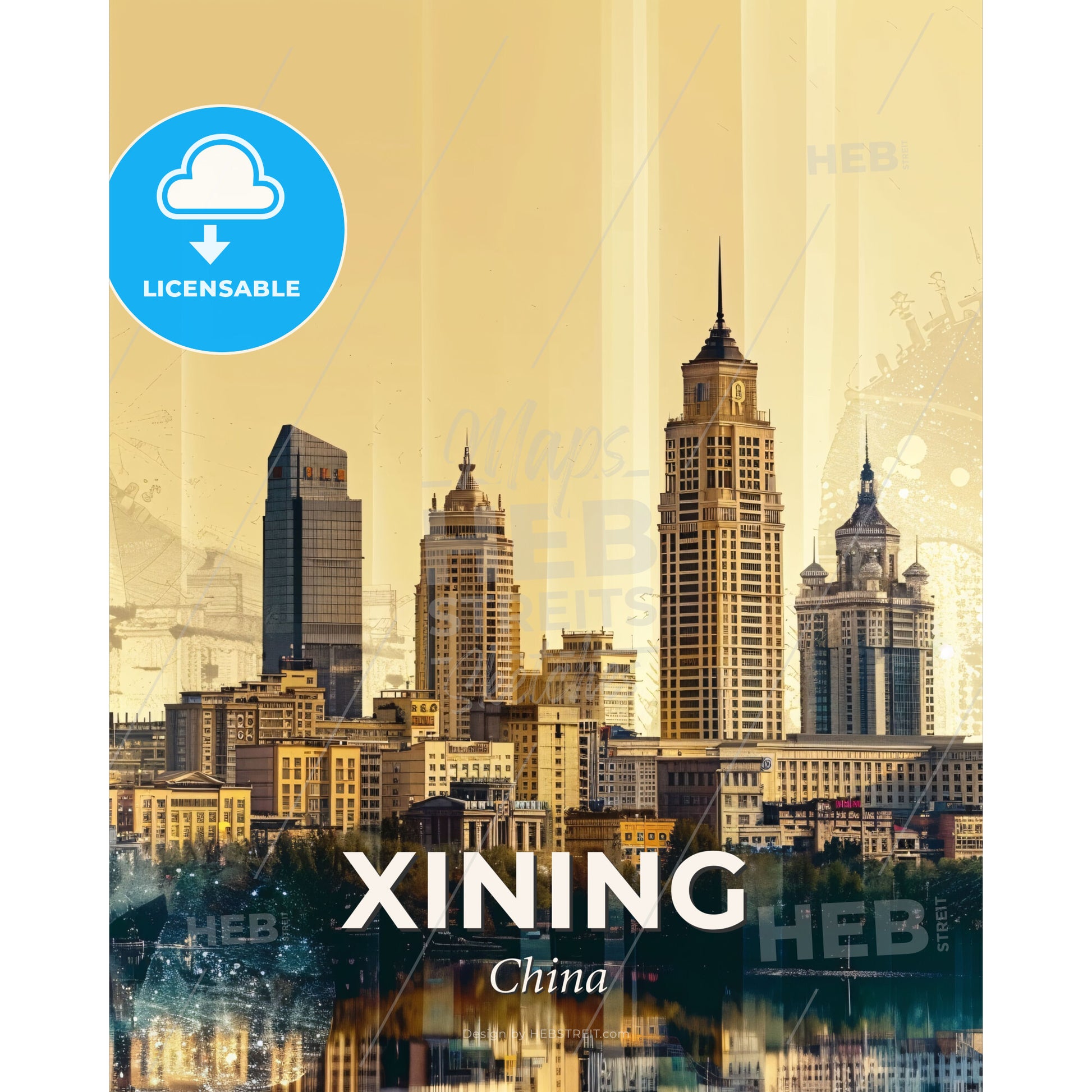 Mystical Xining Skyline Composite Art Silhouettes - A city skyline with tall buildings - Square format print template