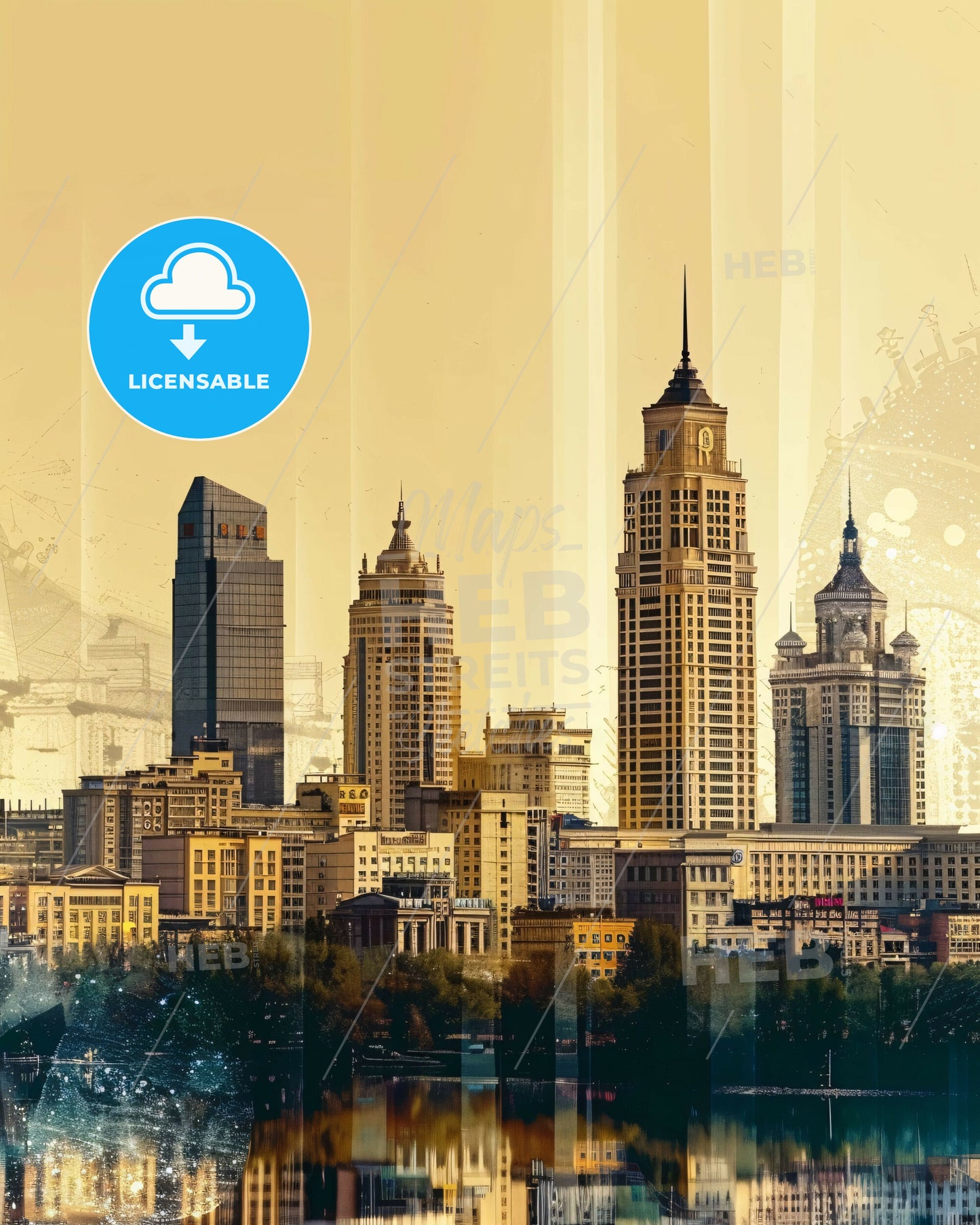Mystical Xining Skyline Composite Art Silhouettes - A city skyline with tall buildings