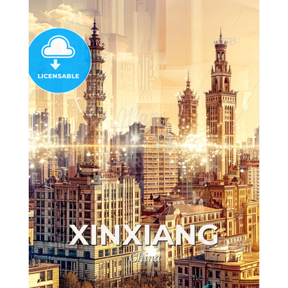 Xinxiang Double Exposure City Skyline Poster Art - A city with many tall buildings - Square format print template