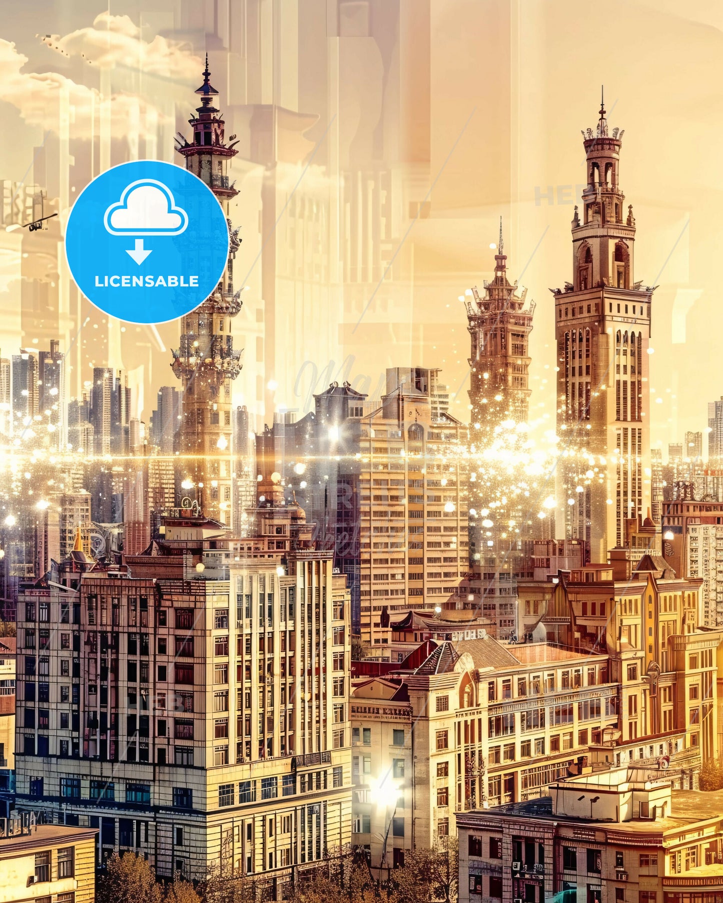 Xinxiang Double Exposure City Skyline Poster Art - A city with many tall buildings