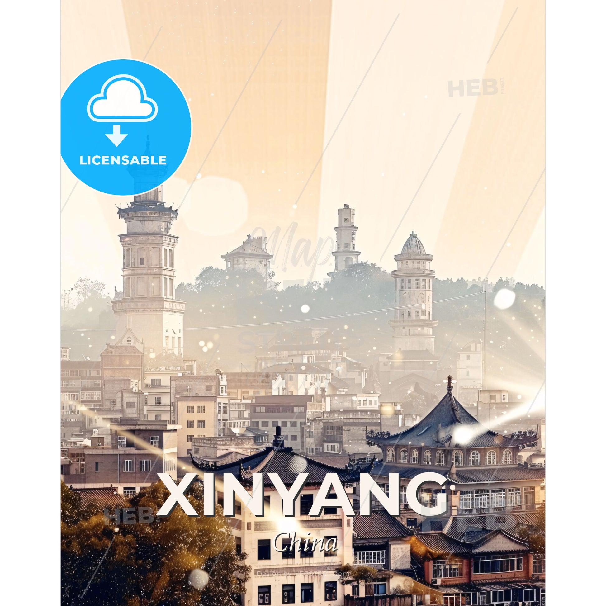Xinyang City Skyline Sparkle Composite Art Print - A city with many buildings and trees - Square format print template