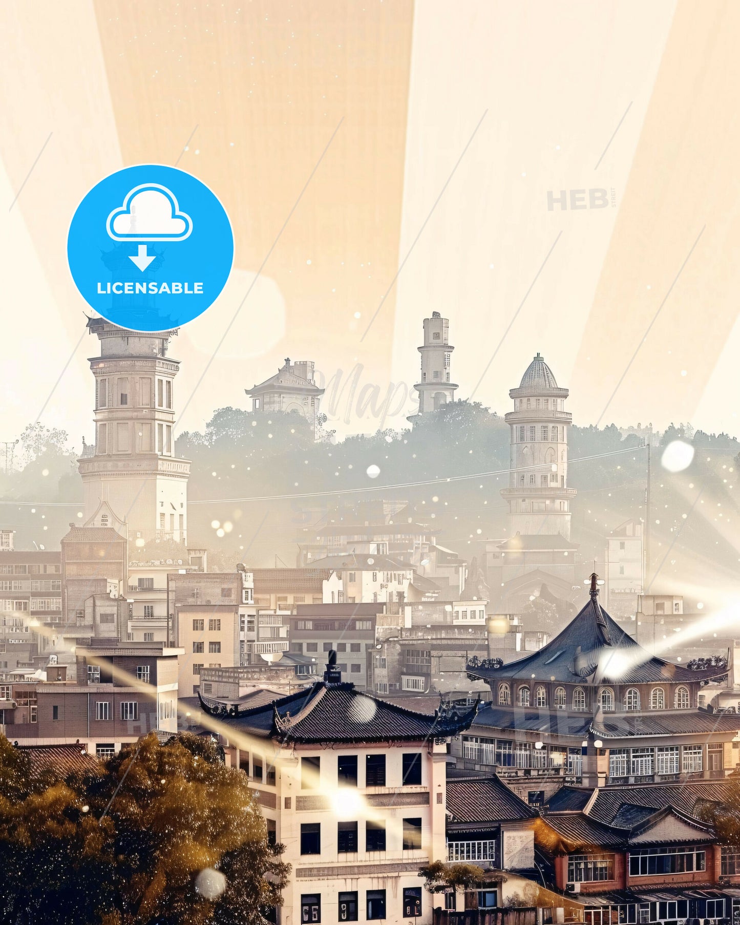 Xinyang City Skyline Sparkle Composite Art Print - A city with many buildings and trees