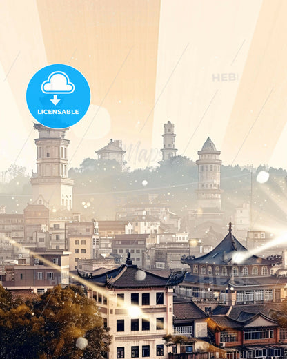 Xinyang City Skyline Sparkle Composite Art Print - A city with many buildings and trees