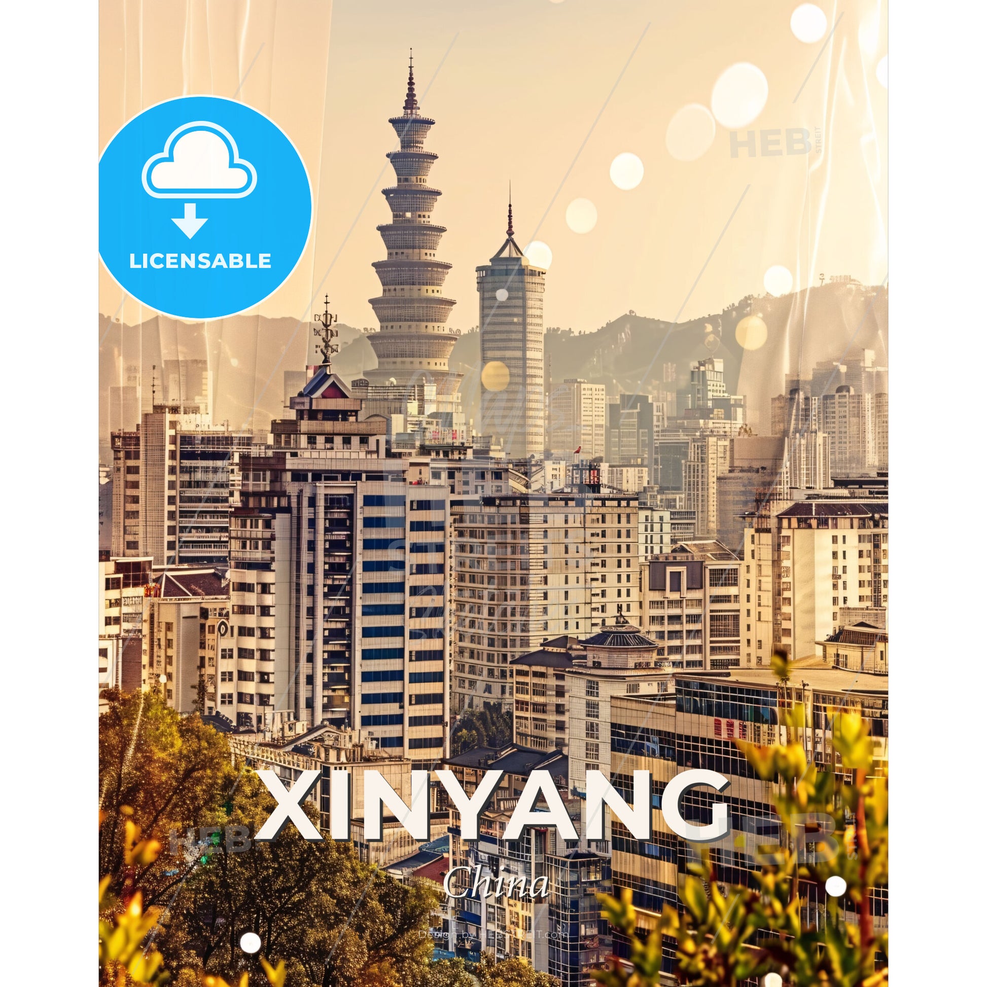 Xinyang Skyline Cityscape Art Modern Local - A city with tall buildings and trees - Square format print template