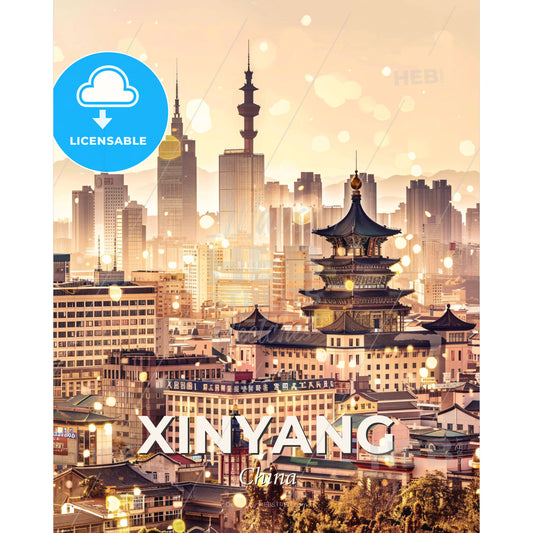 Xinyang Cityscape Art Deco Skyline Poster - A city with many buildings - Square format print template