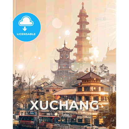 Xuchang Skyline Art - Local Icons Composite - A city with buildings and a tower - Square format print template