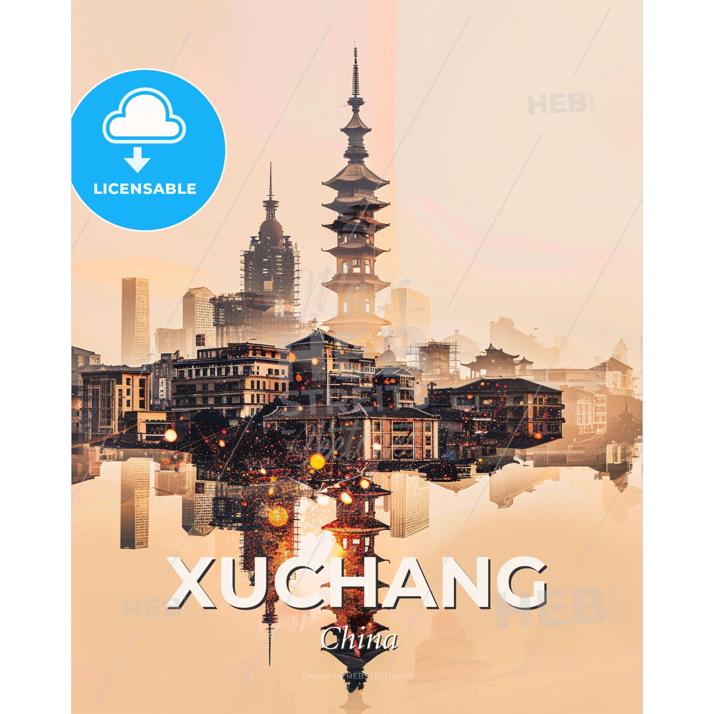 Xuchang Skyline Double Exposure Art - A city with a tall tower and buildings reflected in water - Square format print template