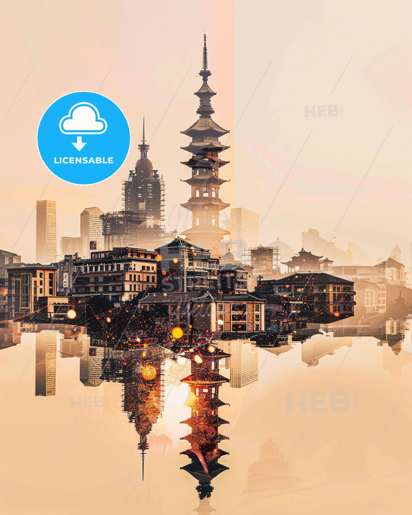 Xuchang Skyline Double Exposure Art - A city with a tall tower and buildings reflected in water