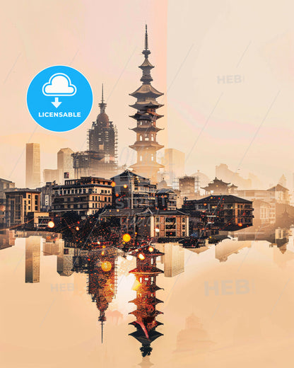 Xuchang Skyline Double Exposure Art - A city with a tall tower and buildings reflected in water