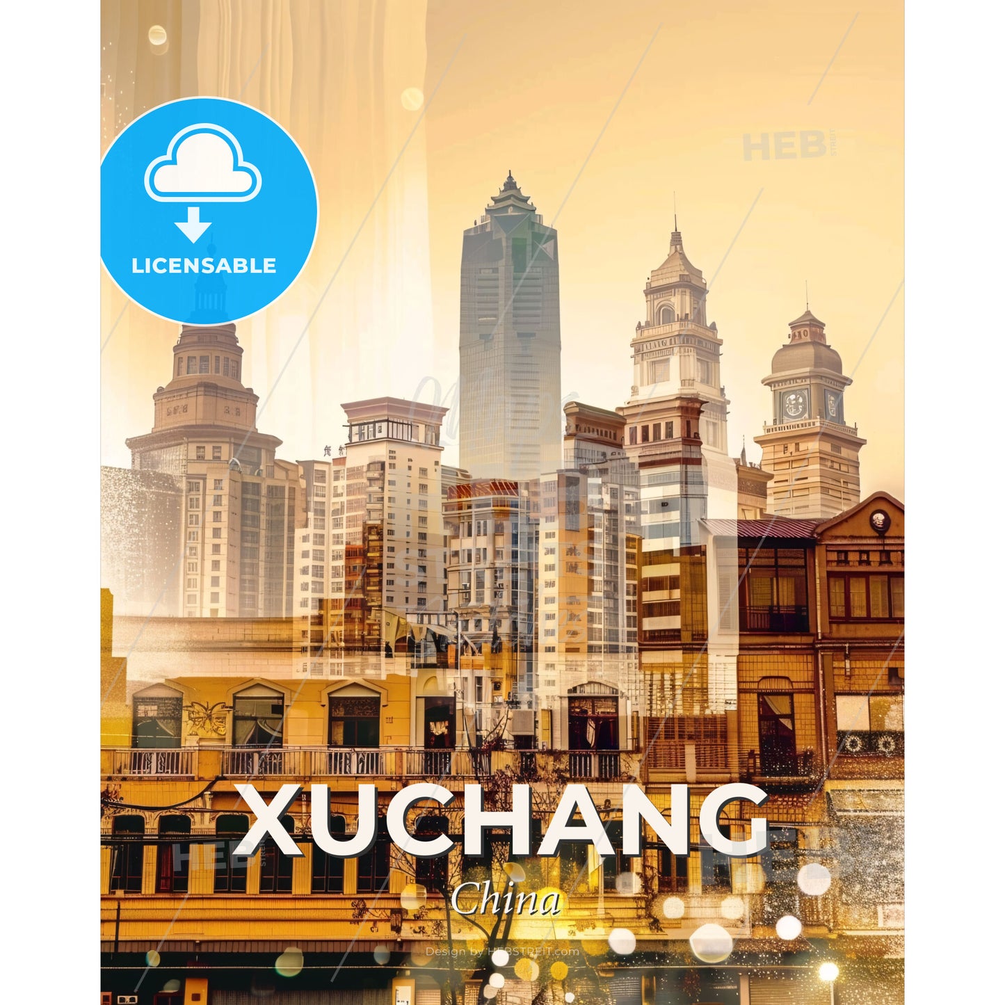 Xuchang, China: City Lights in Harmony - A city skyline with many tall buildings - Square format print template