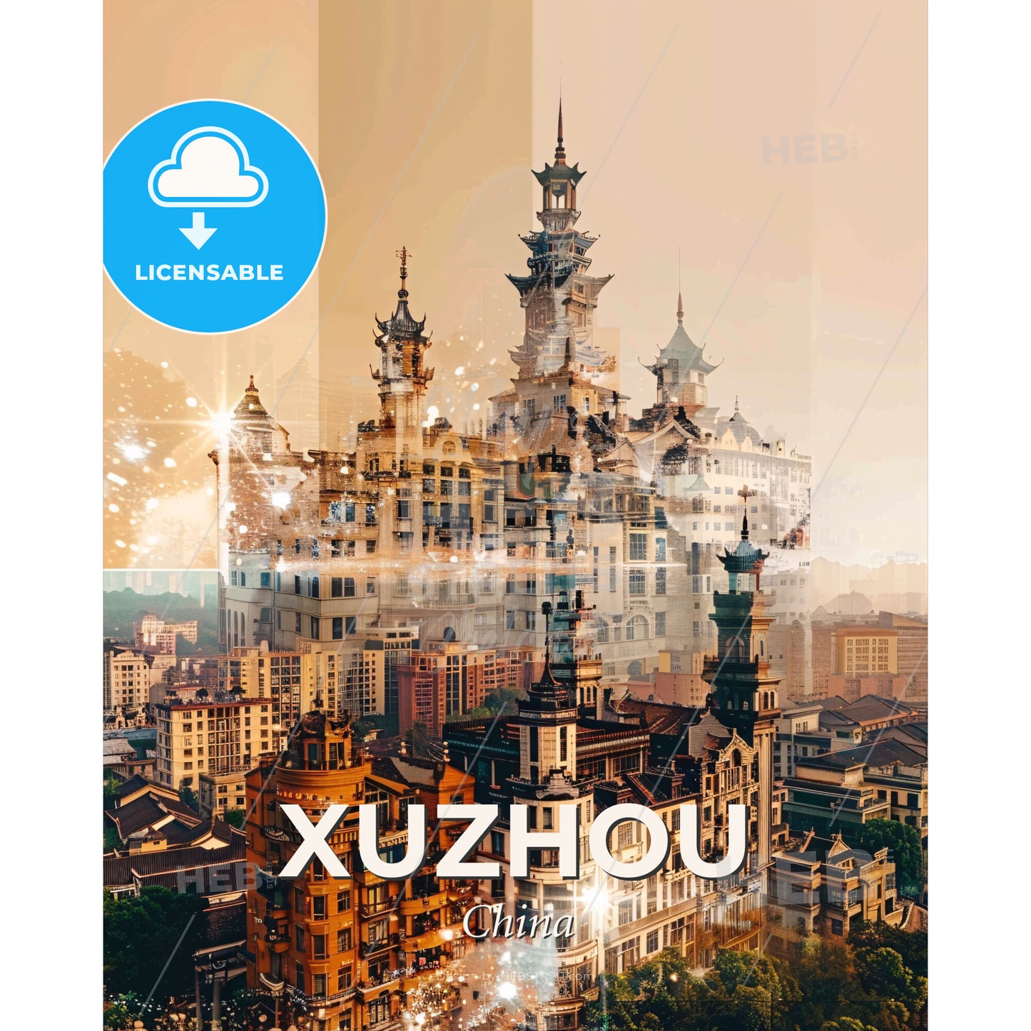 Xuzhou Skyline. Modern Chinese Cityscape Poster - A city with many buildings - Square format print template