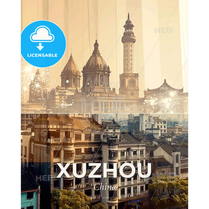 Xuzhou, China: Skyline Art on Beige - A collage of buildings and fireworks - Square format print template