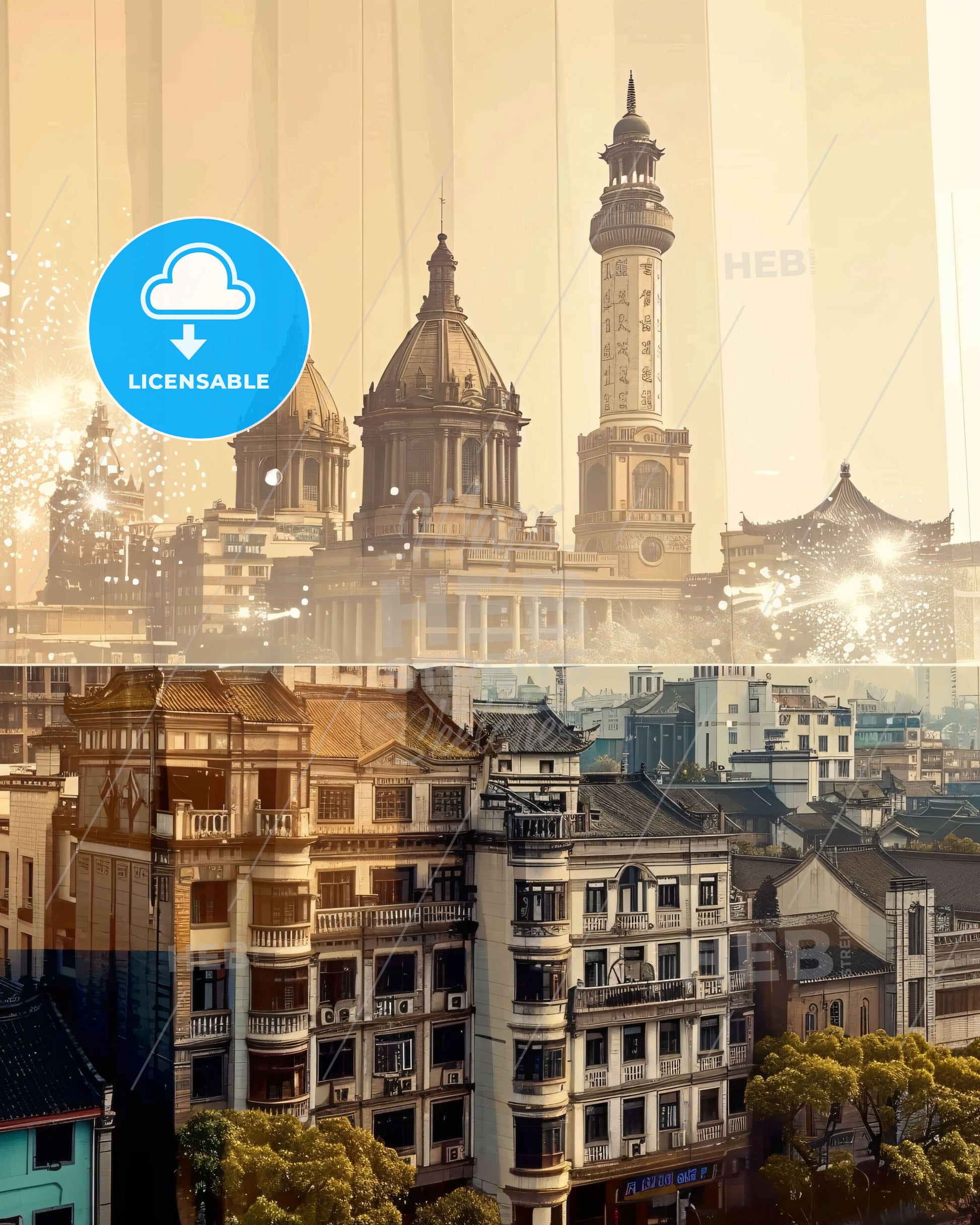 Xuzhou, China: Skyline Art on Beige - A collage of buildings and fireworks