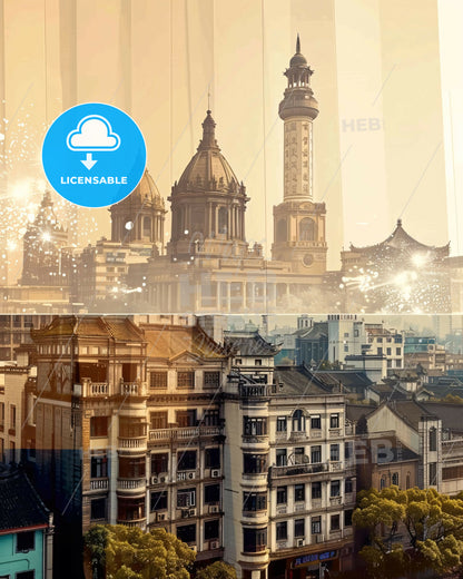 Xuzhou, China: Skyline Art on Beige - A collage of buildings and fireworks