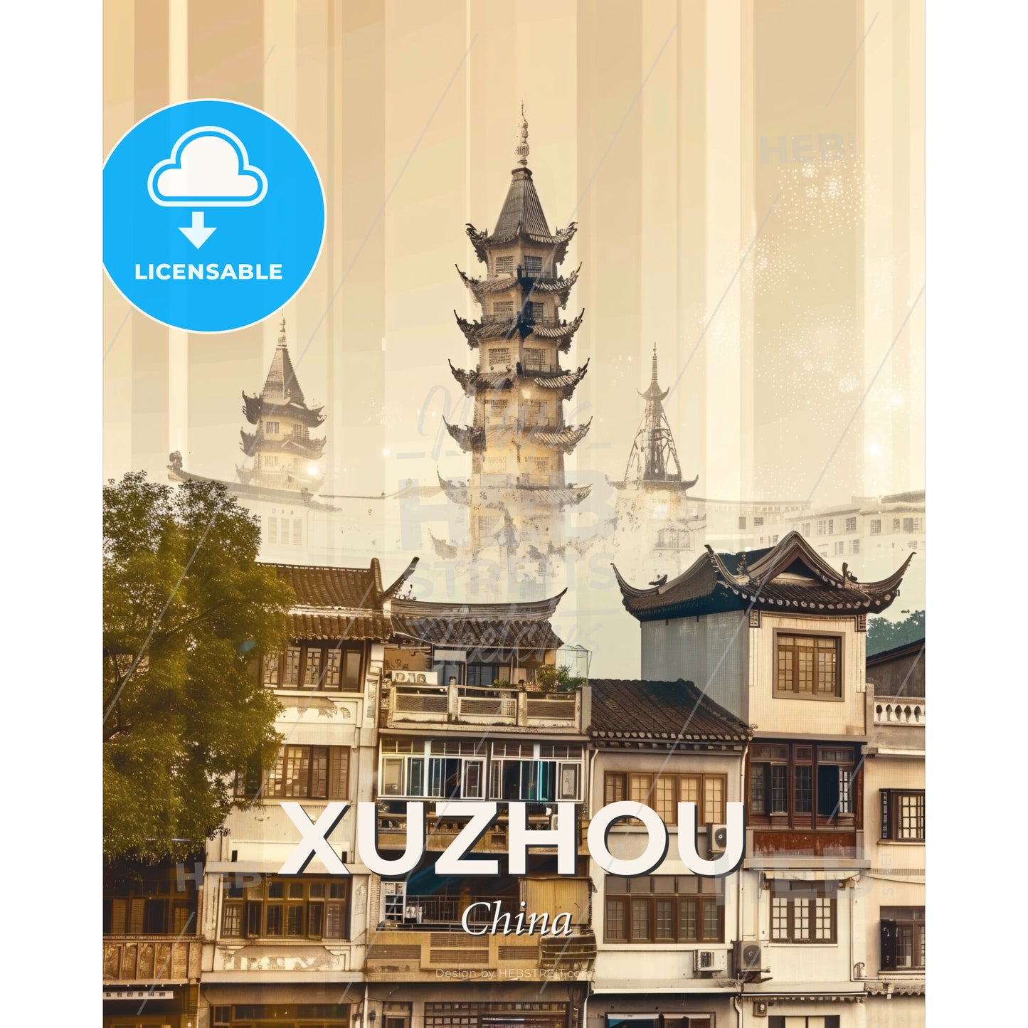 Xuzhou City Skyline Double Exposure Composite Poster - A group of buildings with a tall tower - Square format print template