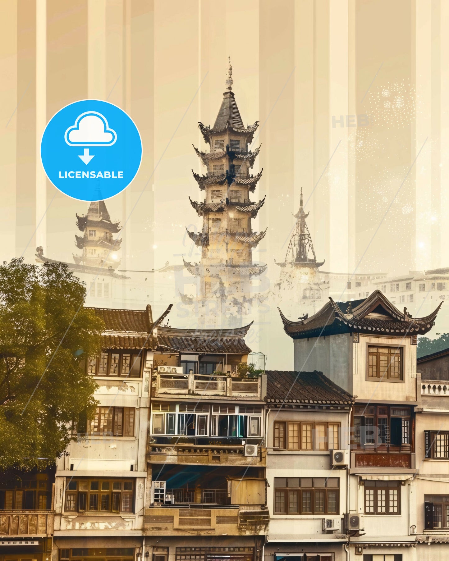 Xuzhou City Skyline Double Exposure Composite Poster - A group of buildings with a tall tower