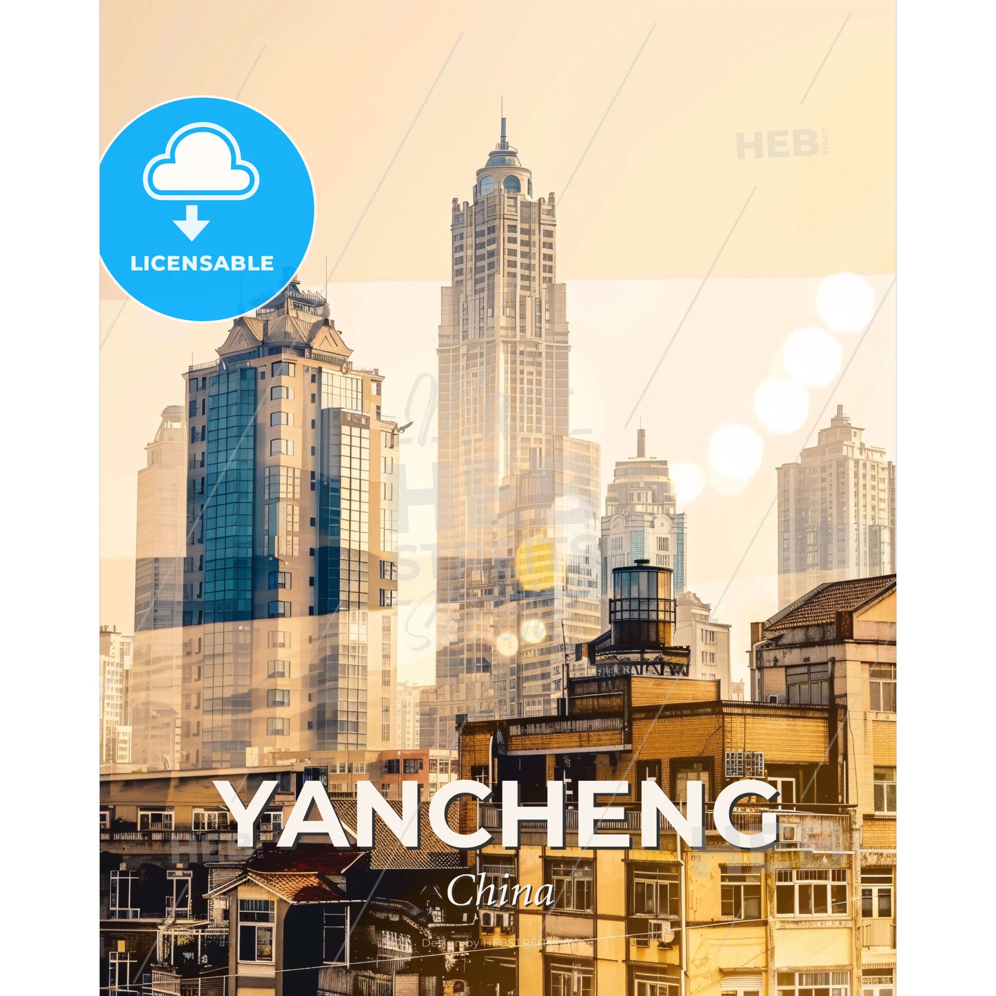 Yancheng skyline art poster bright local colors - A city skyline with many tall buildings - Square format print template