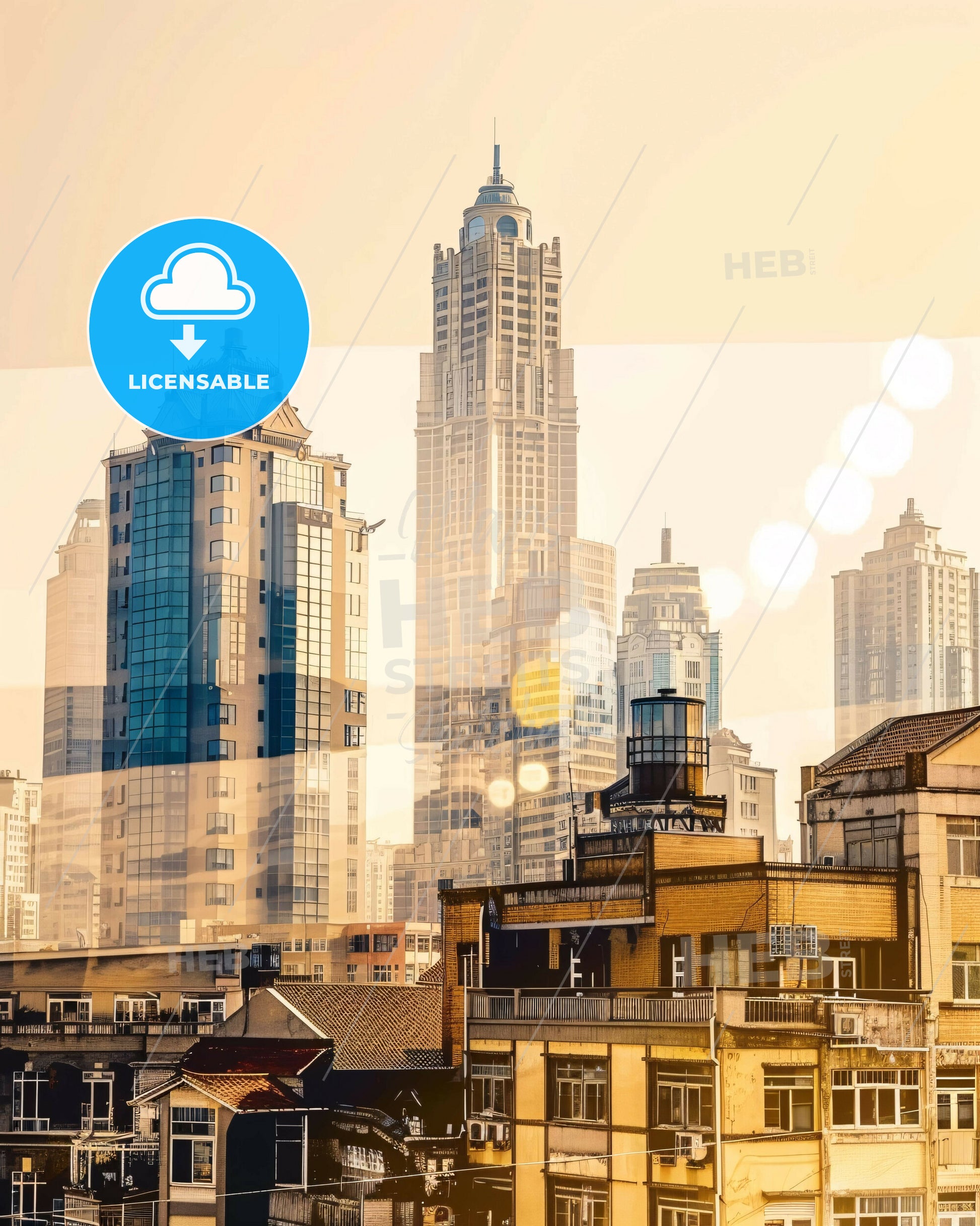 Yancheng skyline art poster bright local colors - A city skyline with many tall buildings