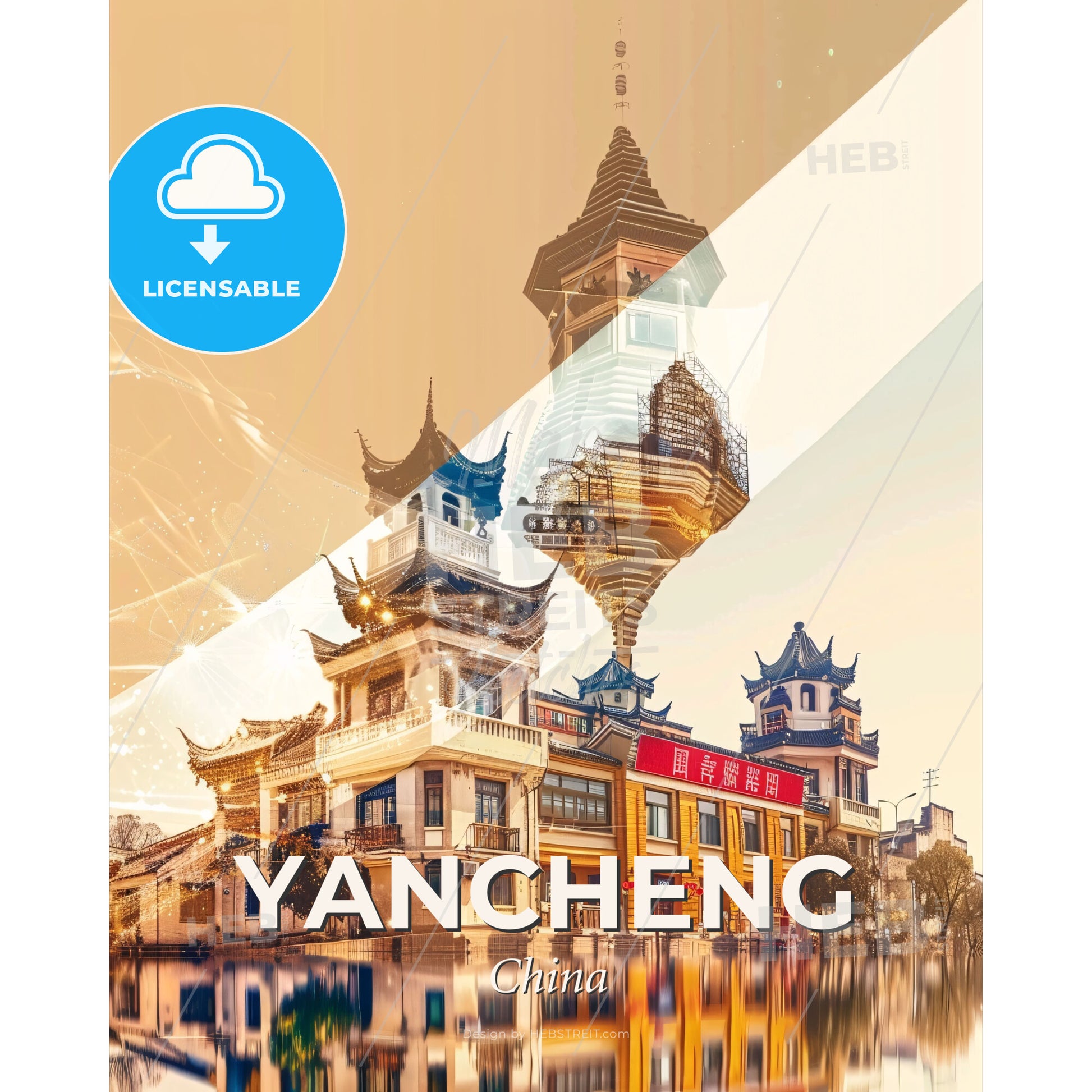 Yancheng City Skyline Poster Art - A city with buildings and a tower - Square format print template