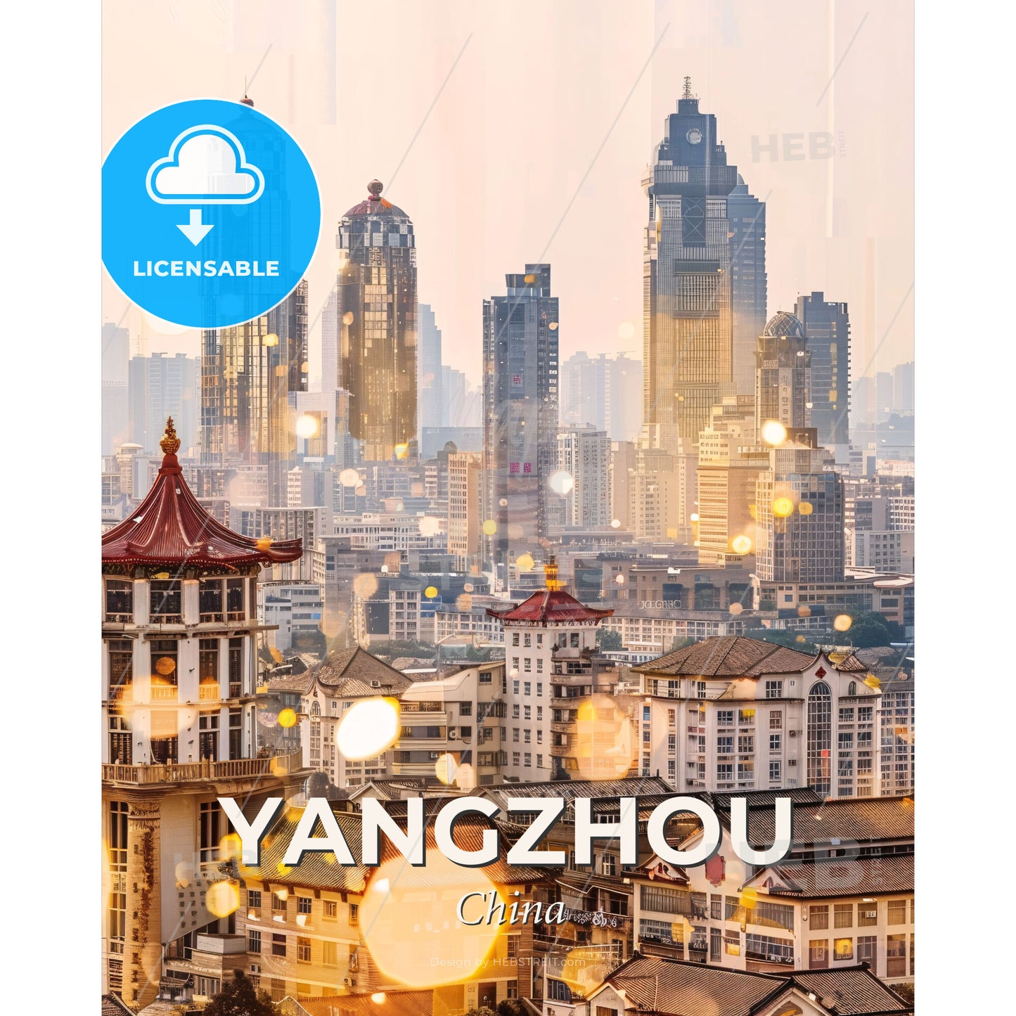 Yangzhou, China: City Skyline as Art Deco - A city with many tall buildings - Square format print template