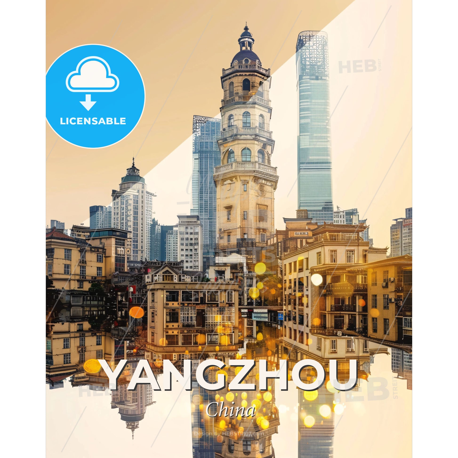 Yangzhou Skyline Art Deco Composite Print - A city with many tall buildings - Square format print template