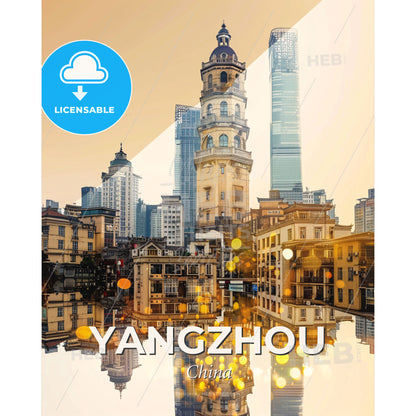 Yangzhou Skyline Art Deco Composite Print - A city with many tall buildings - Square format print template