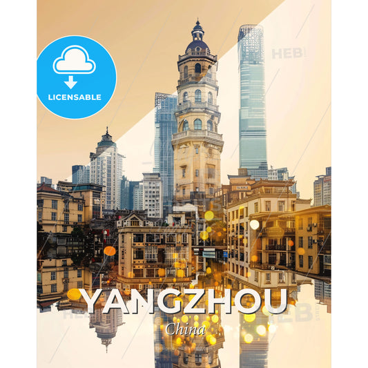 Yangzhou Skyline Art Deco Composite Print - A city with many tall buildings - Square format print template