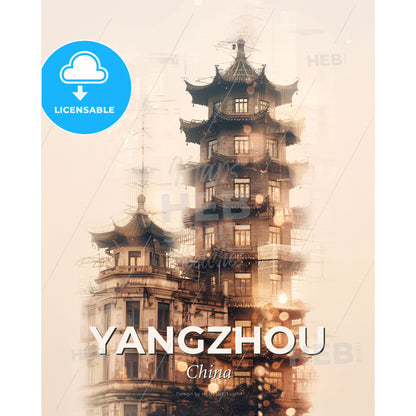 Yangzhou Skyline Double Exposure Art - Siddhivinayak Temple, Mumbai with a tower - Square format print template