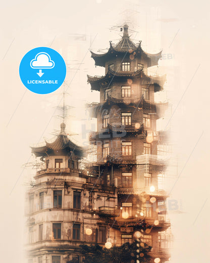 Yangzhou Skyline Double Exposure Art - Siddhivinayak Temple, Mumbai with a tower