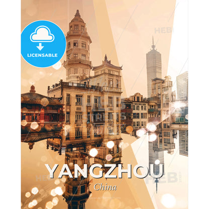 Yangzhou Skyline Double Exposure Cityscape Poster Art - A city with buildings and a reflection of it - Square format print template