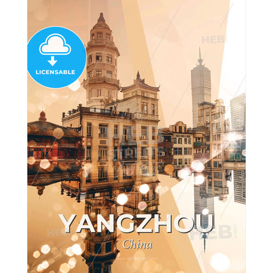Yangzhou Skyline Double Exposure Cityscape Poster Art - A city with buildings and a reflection of it - Square format print template