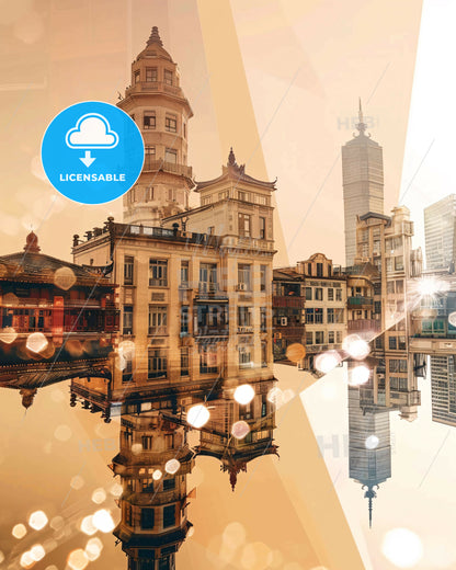 Yangzhou Skyline Double Exposure Cityscape Poster Art - A city with buildings and a reflection of it